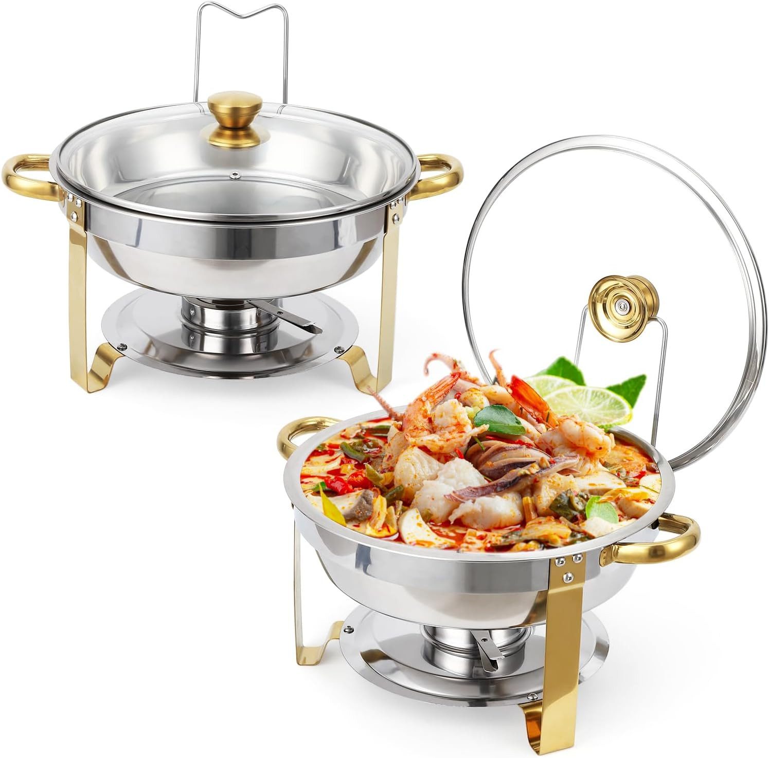 GarveeMore Speisenwärmer 5L runde Edelstahl-Chafing-Dishes und Warmhaltebehälter, (2-tlg), mit Deckelhalter und Glasdeckel für Catering,Partys,Abendessen