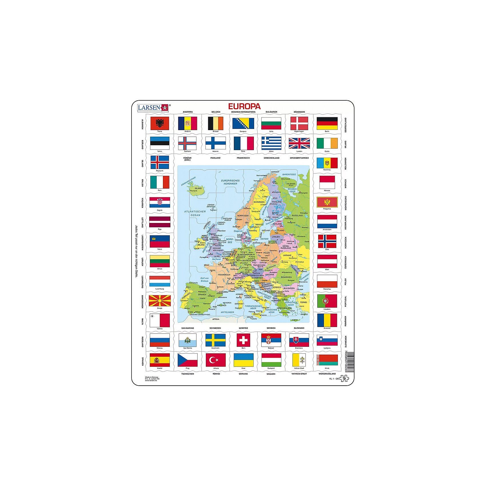 Rahmen Puzzle, 48 Teile, 36x28 cm, Karte Europa (politisch), Larsen Rahmen Puzzle, 48 Teile, 36x28 cm, Karte Europa (politisch), Larsen