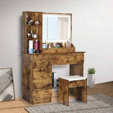 oyajia Schminktisch Holzmaserung Frisierkommode Kommode mit LED Spiegelleuchte, mit Hocker, Retro Schminktisch mit Verstellbare Spiegel, Kosmetiktisch 130cm