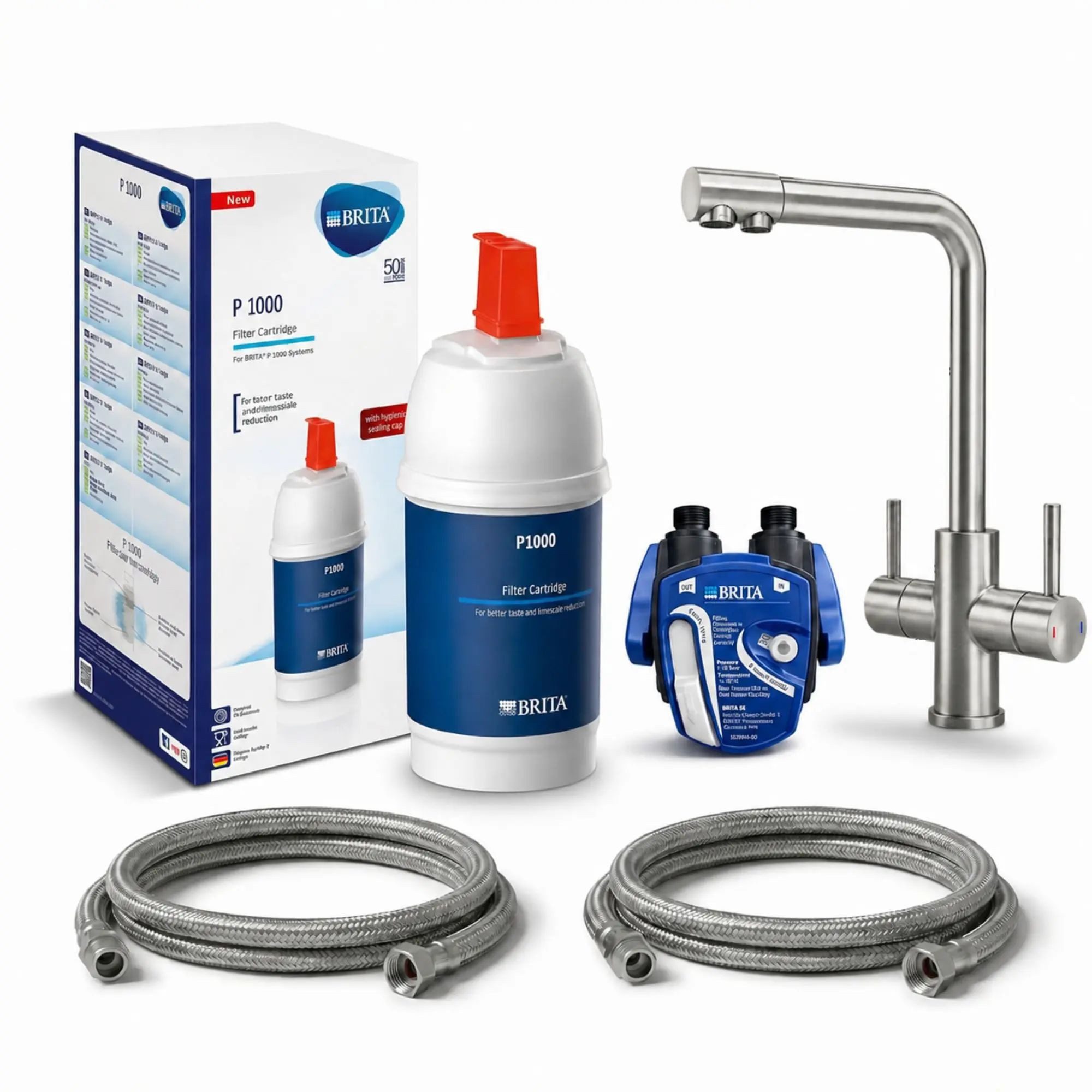 Neues Wasser Untertisch-Trinkwassersystem P1000 Untertisch-Wasserfilter-Set mit 3-Wege-Armatur, VANTO L-Auslauf, BRITA P1000 Filterset ohne Digiflow