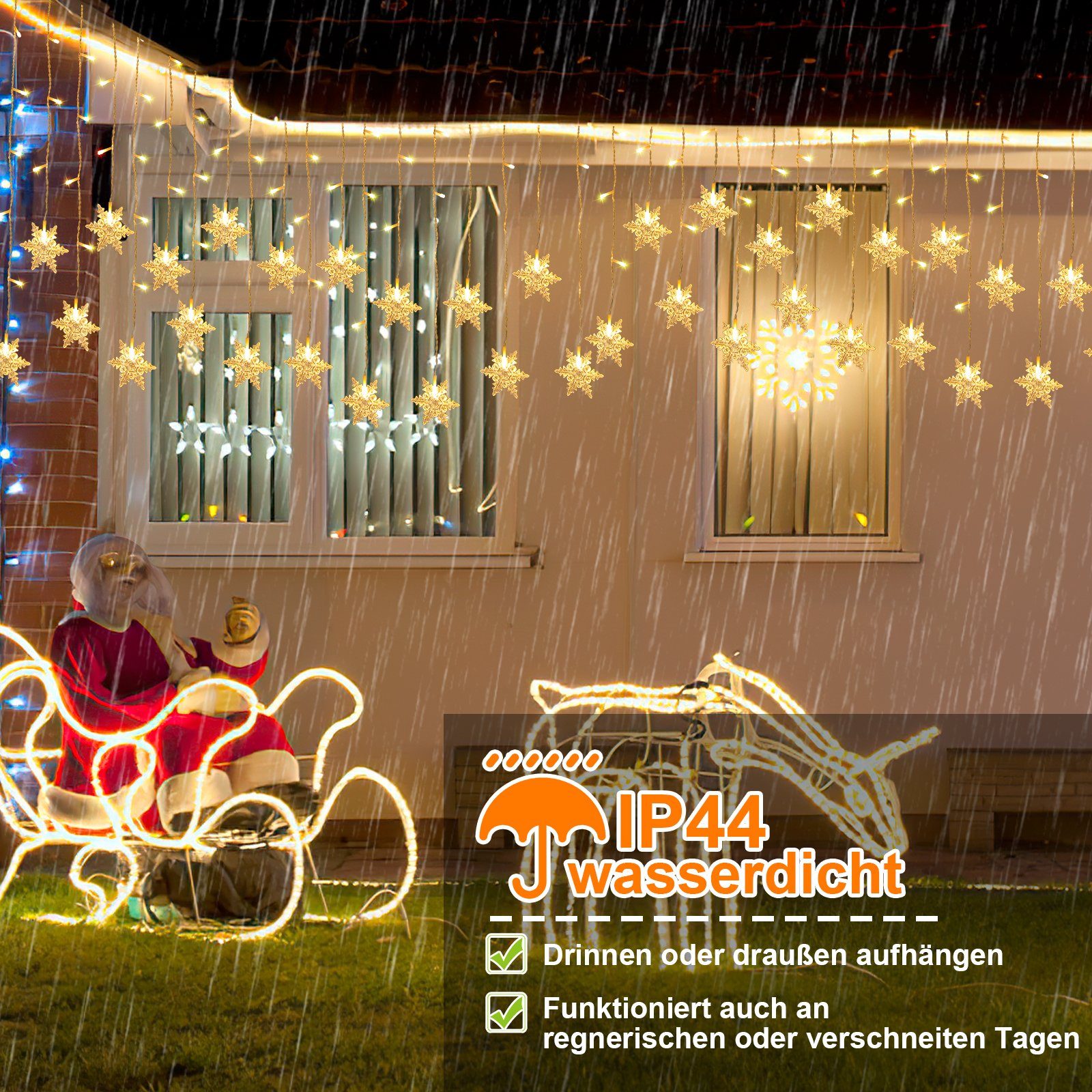 Schneeflocke LED 96-flammig Außen, Gimisgu Deko 8 Party LED-Lichterkette Modi Warmweiß Lichtervorhang Weihnachten