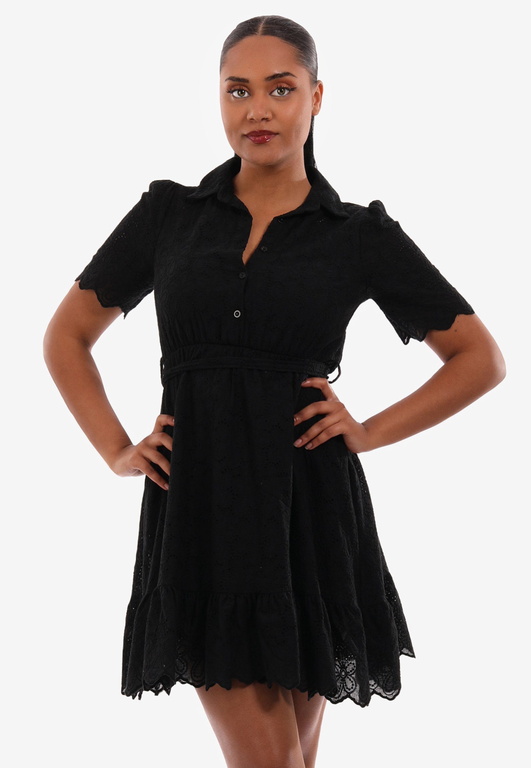 Minikleid mit Taillengürtel schwarz aus in Style Minikleid YC mit Fashion und Unifarbe, Spitze Volant Volant &