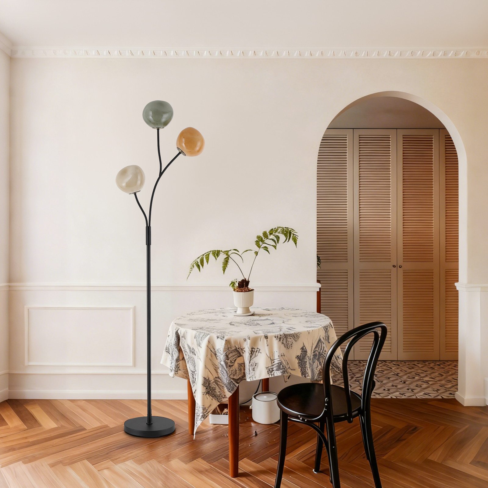 STANBOW Stehlampe Stehleuchte mit Glas-Schirm und Metallfuß, LED wechselbar, mit Fußschalter, G9, für Wohnzimmer & Essbereich, Industrie-Design
