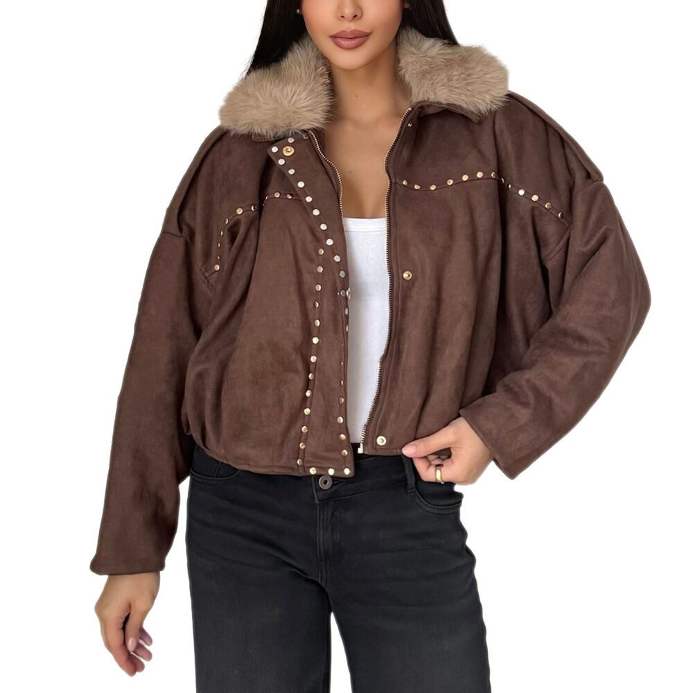 Ital-Design Bomberjacke Trendige Damenjacke mit Nieten und Kuschelkragen (90800186) Dekofell Gefüttert Winterjacke in Braun – Bild 4 von 5
