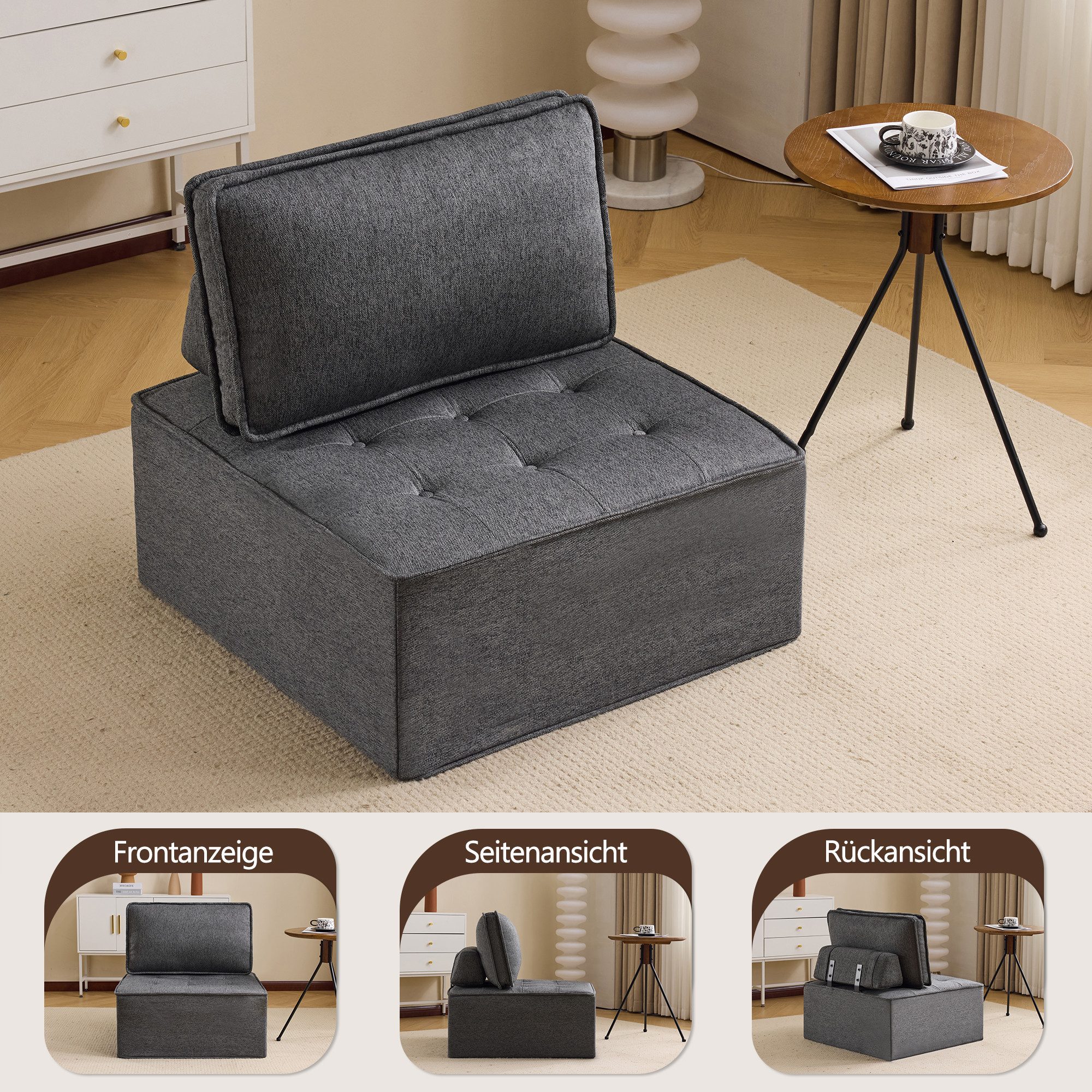 REDOM Loungesofa Modulares Einzelsofa, Holzrahmen mit verdickter Plattenstütze, Doppellagiges Kissen + gebrochener Schwamm im Rückenkissen 1 Teile, Stabile trapezförmige Kompressbaumwolle & unabhängiges Federpaket