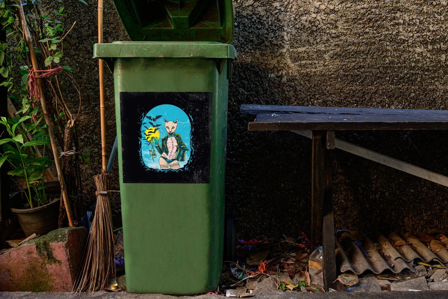 Mülleimer-aufkleber, Container, (1 Wandsticker - St), - MuchoWow Katze Abfalbehälter Vintage Sticker, Hut Mülltonne,