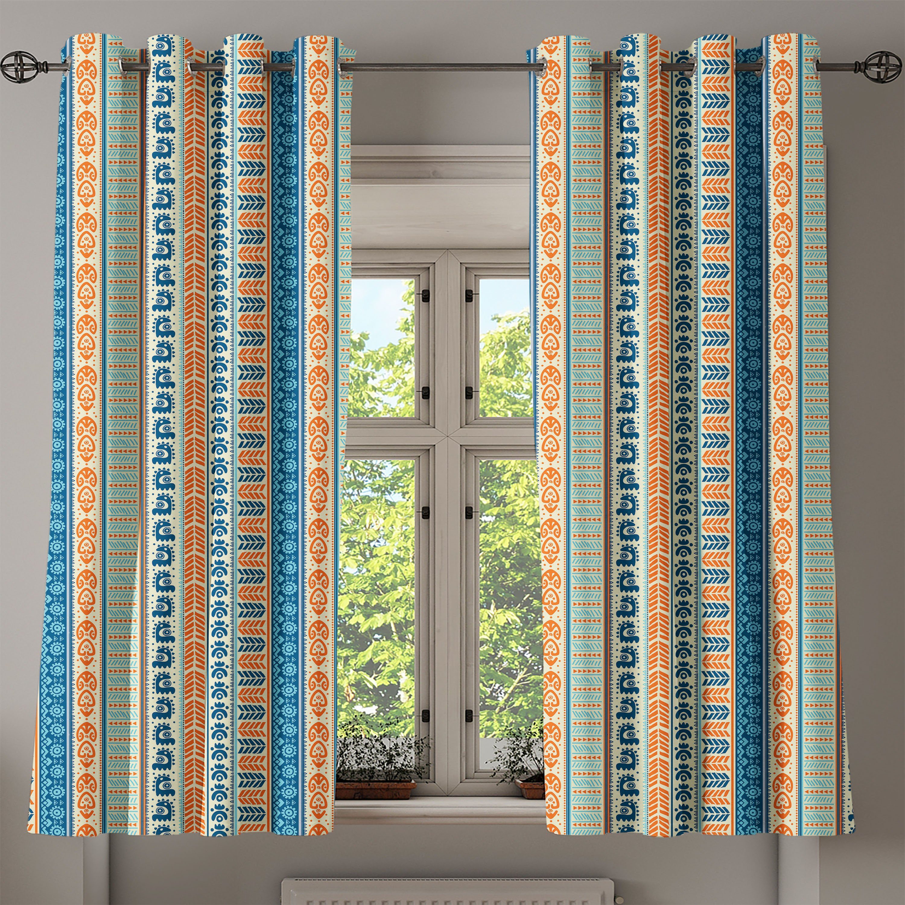 Gardine Dekorative Wohnzimmer, 2-Panel-Fenstervorhänge Weinlese-Muster für Schlafzimmer Abakuhaus, Stammes