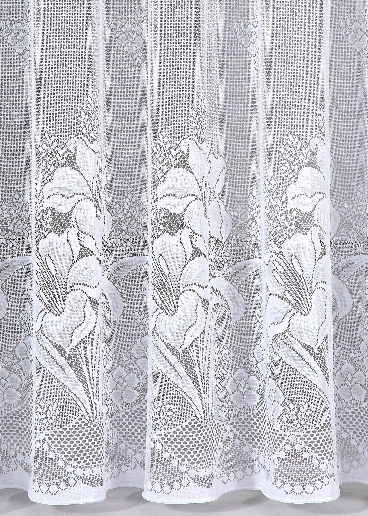 heimtexland Gardine Jacquard Stores Gardine Blumen weiß Fertigstore (1 St), Kräuselband, transparent, Jacquard, Kräuselband für Wunschbreite I Bleiband für schönen Fall