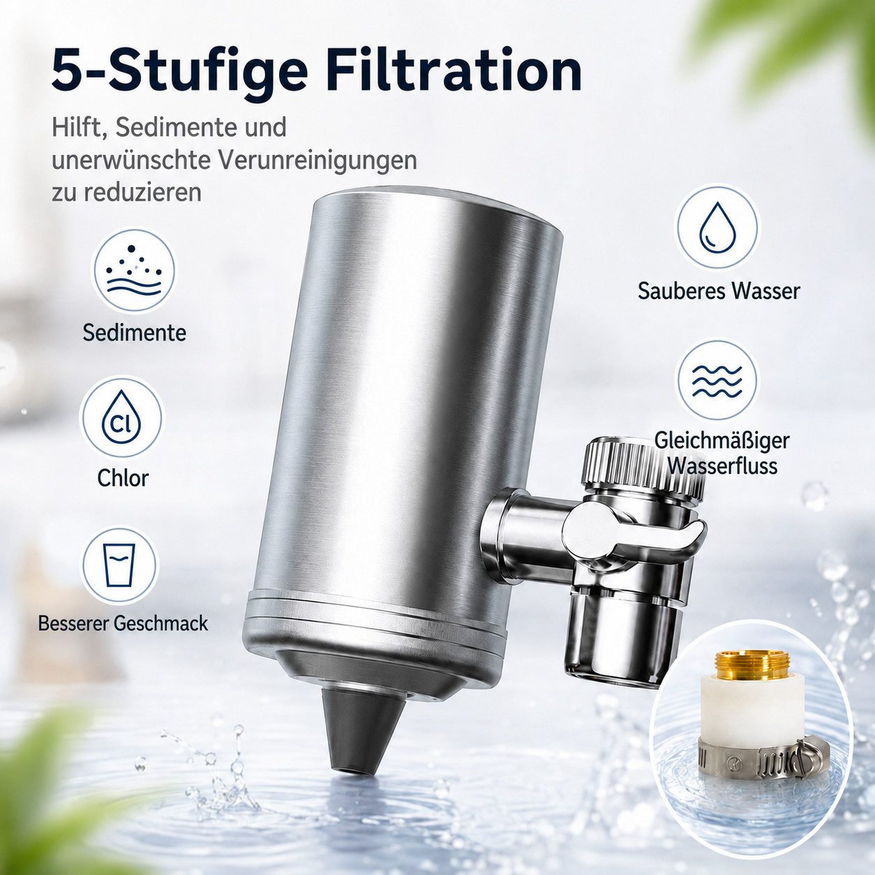 XEOOCE Wasserhahn-Wasserfilter Wasserfilter,  5-fach,  Für Wasserhahn,  1 Stück,  Silber (Set, Montageset), Keramikfilter waschbar, 5-fach, Edelstahl, Montage