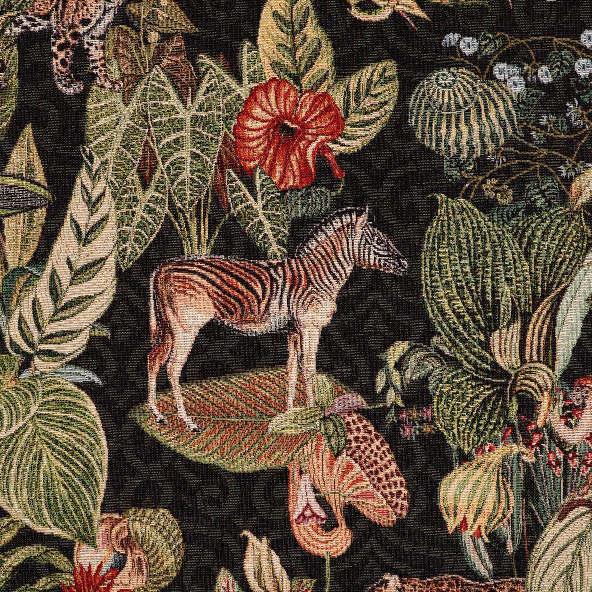 Stoff Dekostoff GobelPremium Empire Jungle Dschungel schwarz grün rot 1,4m, mit Metallic-Effekt