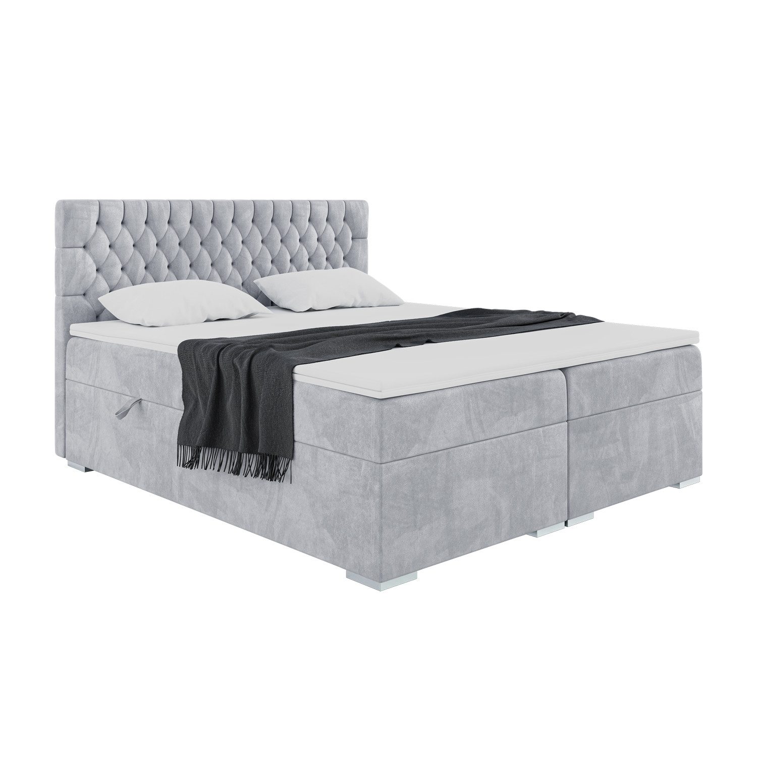 Meblini Boxspringbett mit Bettkasten, DALIA 160x200 cm, H3/Hellgrau Samt
