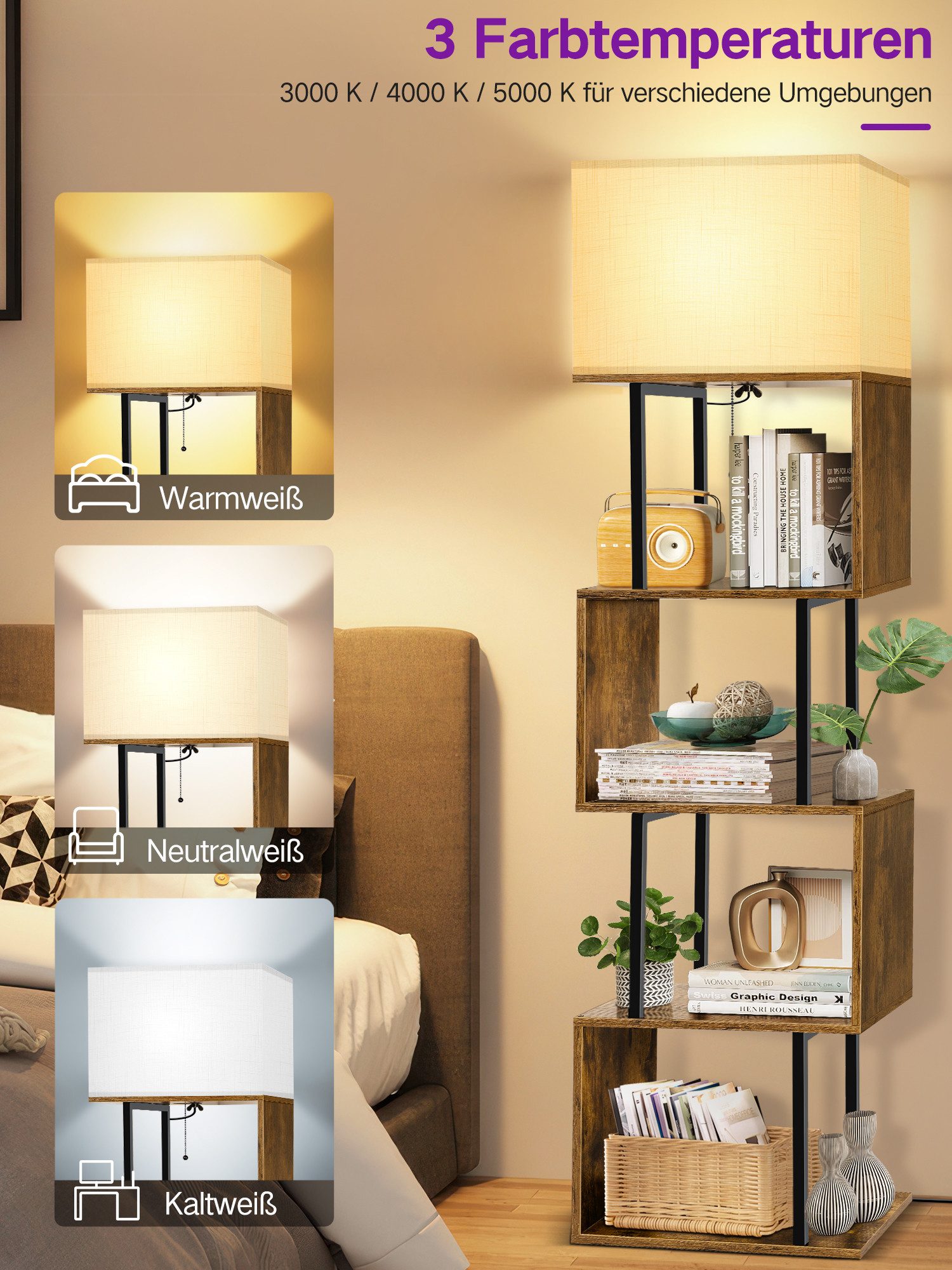 OUTON Stehlampe S-förmiges Bücherregal mit Beleuchtung, 4 Ebenen, Fernbedienung, 3000K-6000K, gelb/schwarz – Bild 5 von 5
