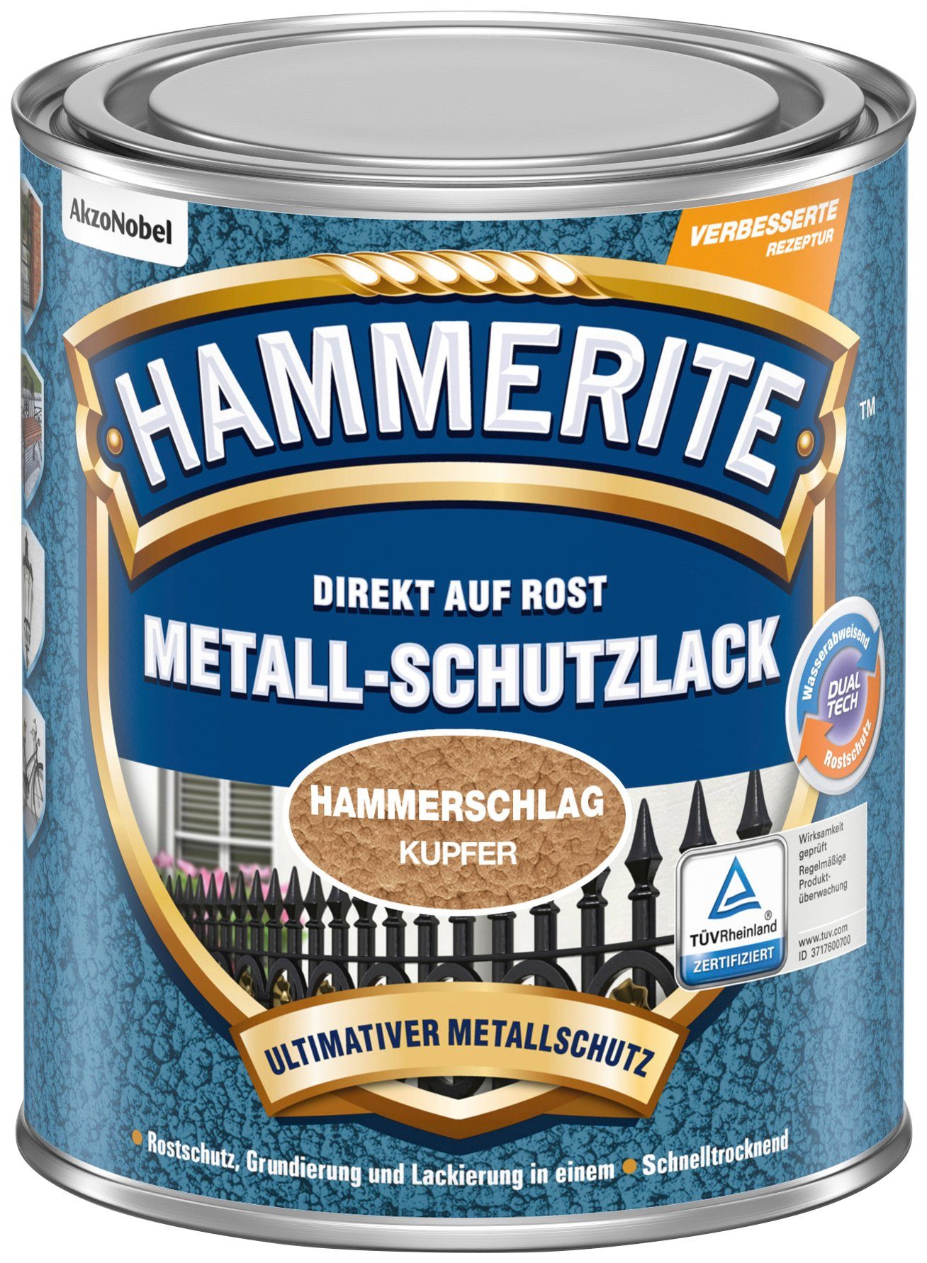 Hammerite  Hammerschlag braun Liter, DIREKT Metallschutzlack ROST, 0,25 AUF