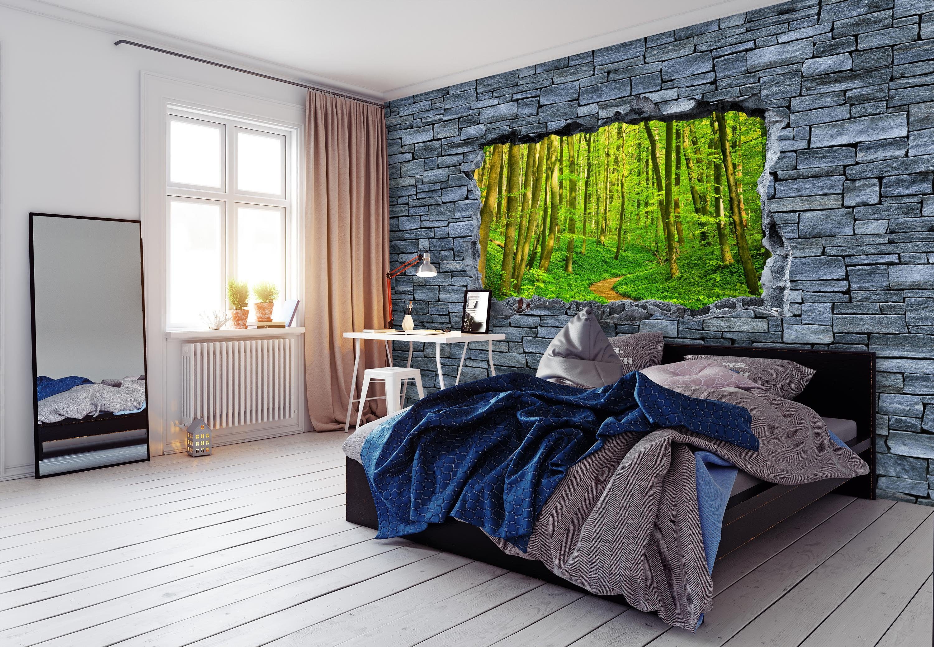- grobe Steinmauer, Fototapete im wandmotiv24 matt, 3D Wald Motivtapete, glatt, Vliestapete Weg Wandtapete,