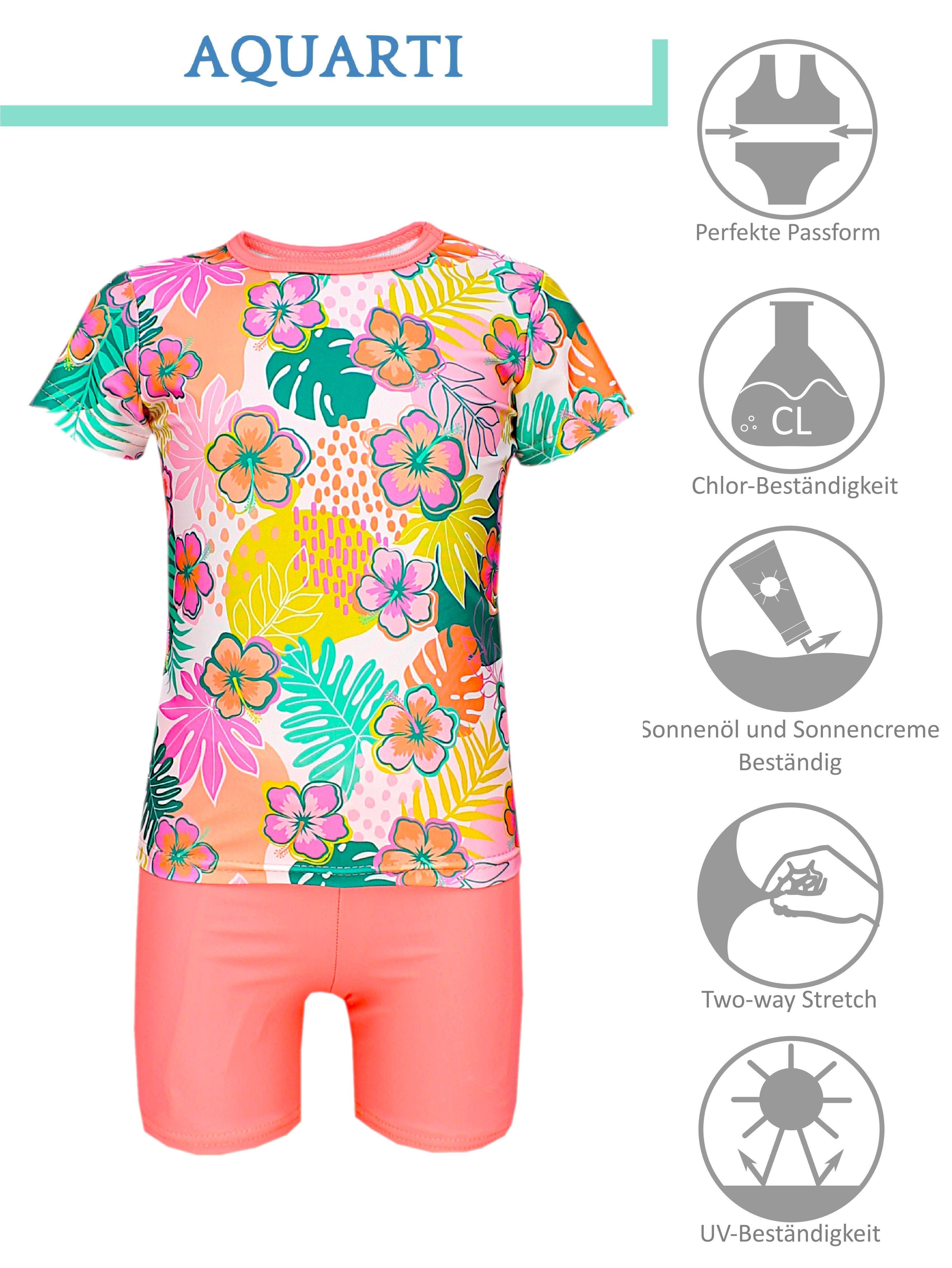 Rosa Blau Set Badeanzug UV-Schutz Mädchen / Badeanzug Shirt Aquarti Orange Zweiteiler / Kinder Blumen Baby Badehose
