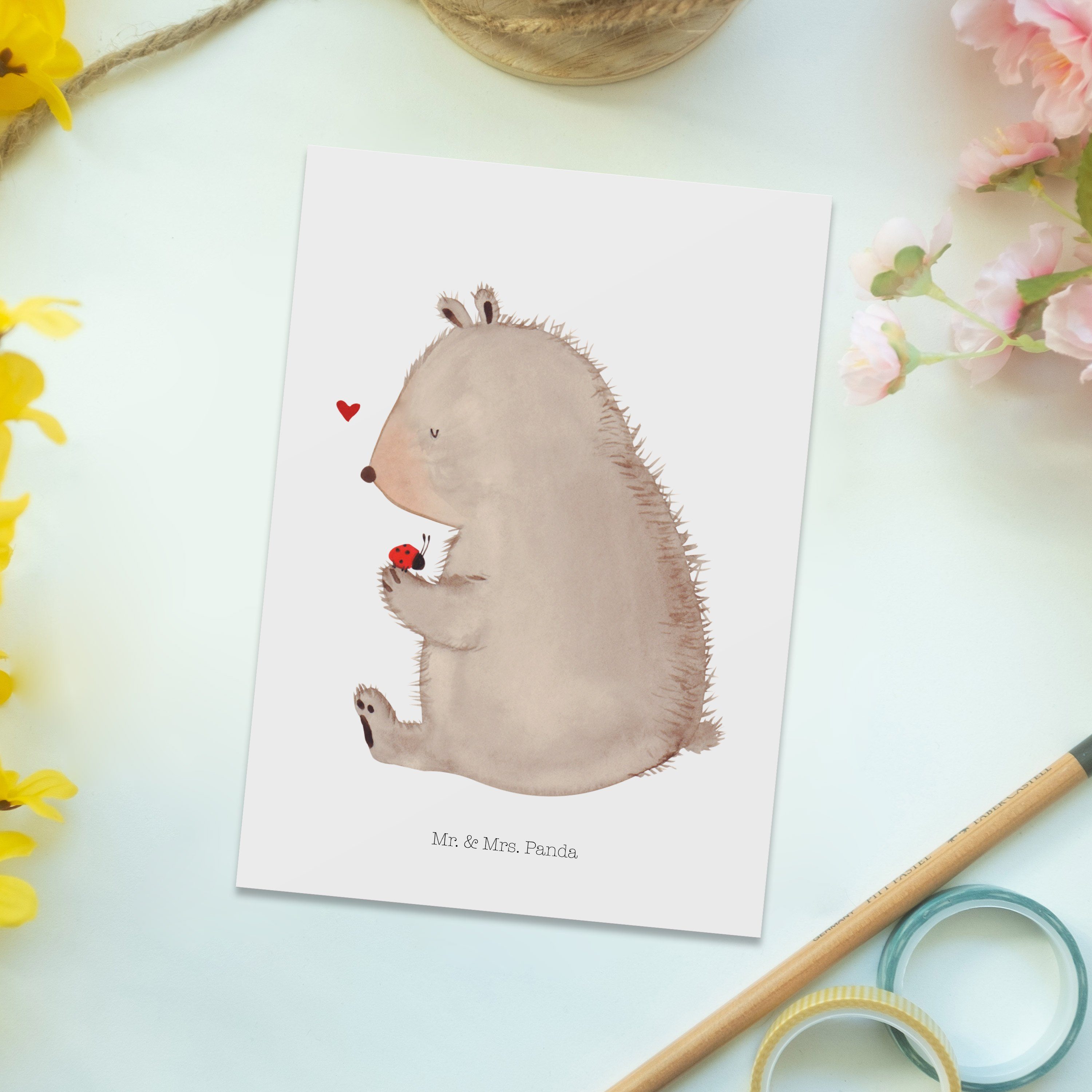 Mr. & Mrs. Panda Postkarte Geburtstagskarte, Geschenk, Bär Motivation mit - Weiß - Marienkäfer