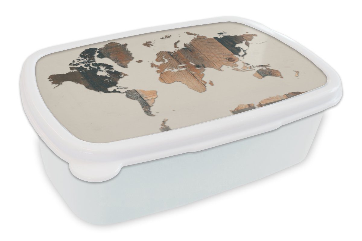 MuchoWow Lunchbox Weltkarte - Holz - Beige, Kunststoff, (2-tlg), Brotbox für Kinder und Erwachsene, Brotdose, für Jungs und Mädchen weiß