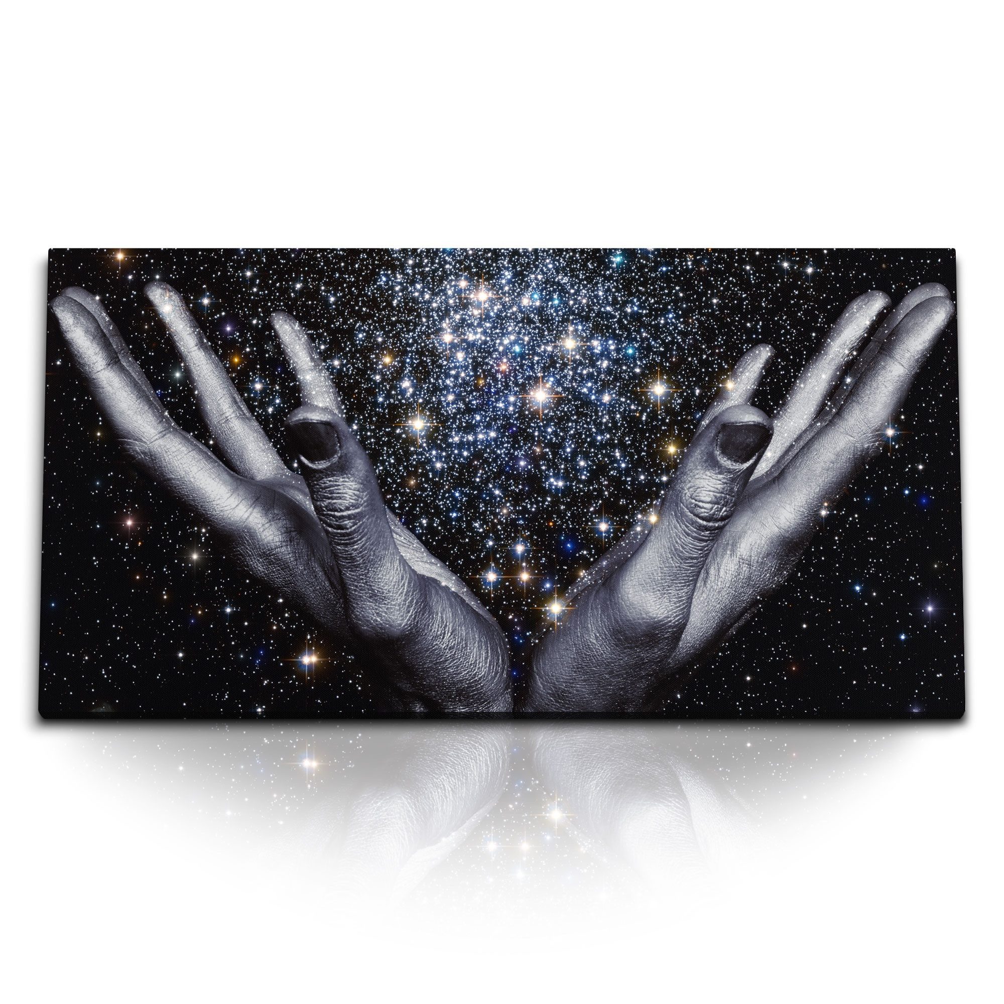Leinwandbild Kunstdruck Bilder 120x60cm Universum Hände Sterne Galaxien Weltall