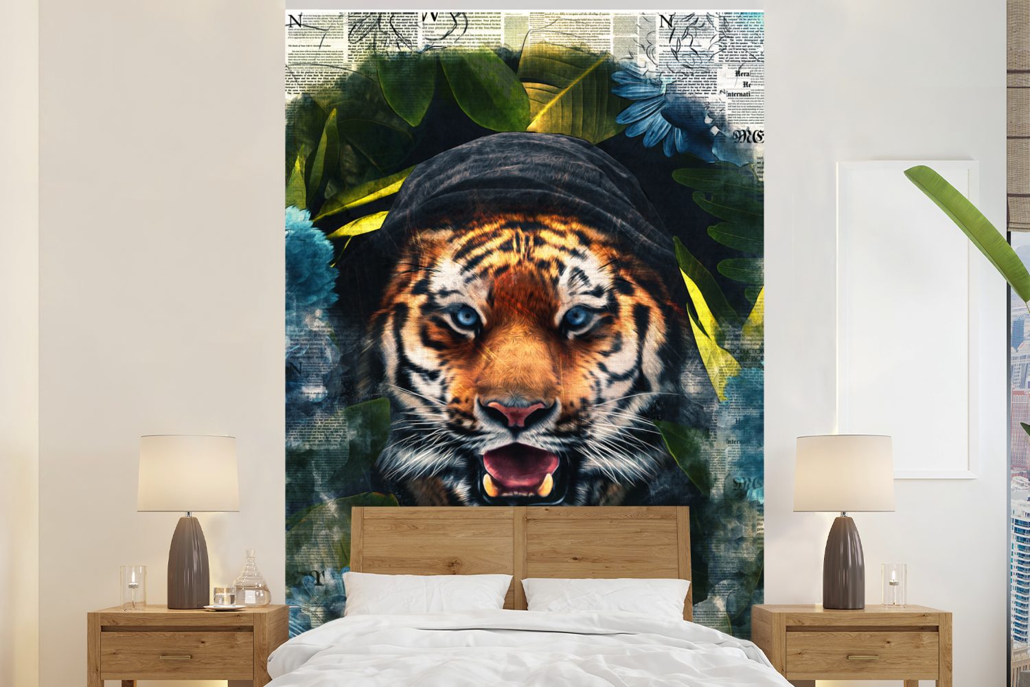 MuchoWow Fototapete Tiger - Zeitung - Blumen, Matt, bedruckt, (3 St), Montagefertig Vinyl Tapete für Wohnzimmer, Wandtapete