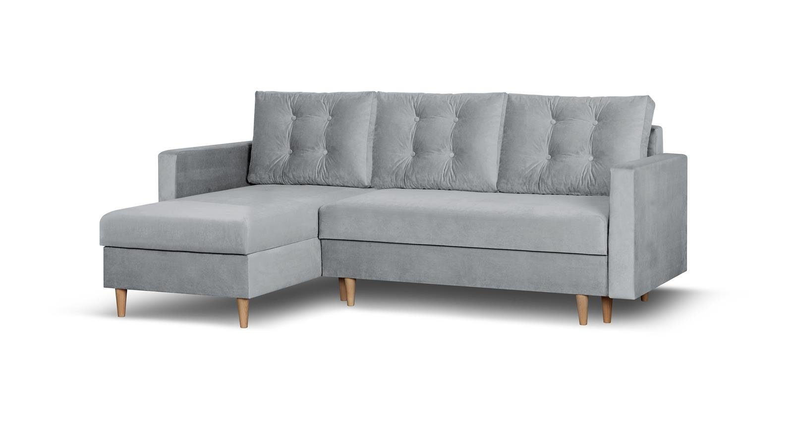 Beautysofa Ecksofa Sigurd, 226 cm Ecke für Wohnzimmer, im skandinavischen Stil, Polsterecke mit Schlaffunktion und Bettkasten Grau (paros 05)