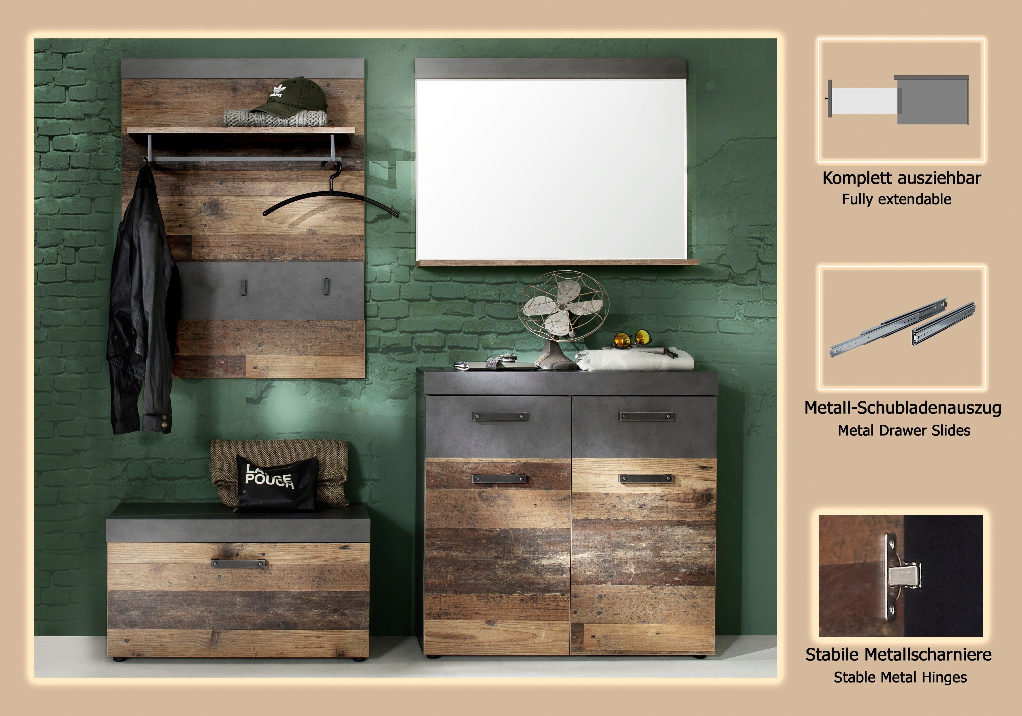 INOSIGN Garderoben-Set Ilana, (Set, 4-St), Garderobenmöbel im modernen Industrial Style mit antikfarbenen Griffen