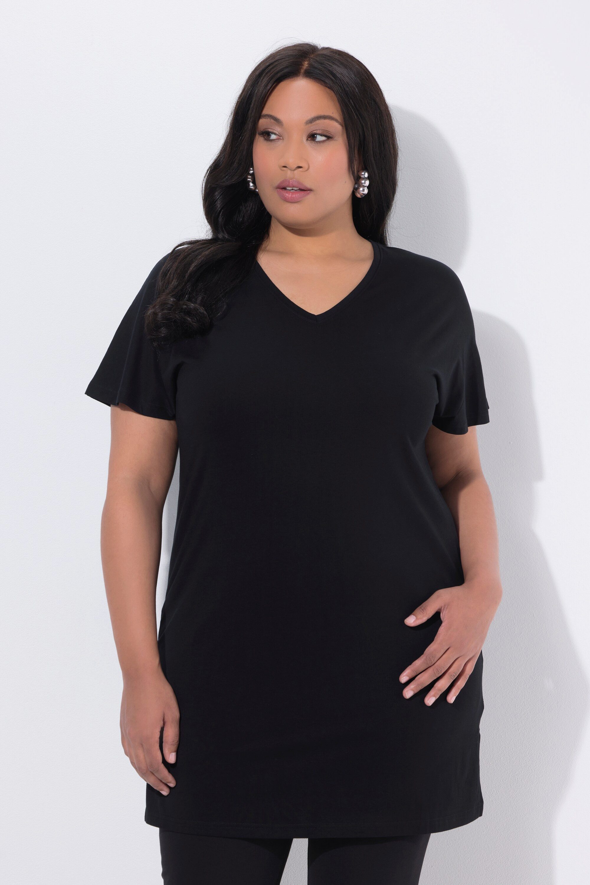 Ulla Popken Longshirt Longshirt A-Linie V-Ausschnitt Flügel-Halbarm