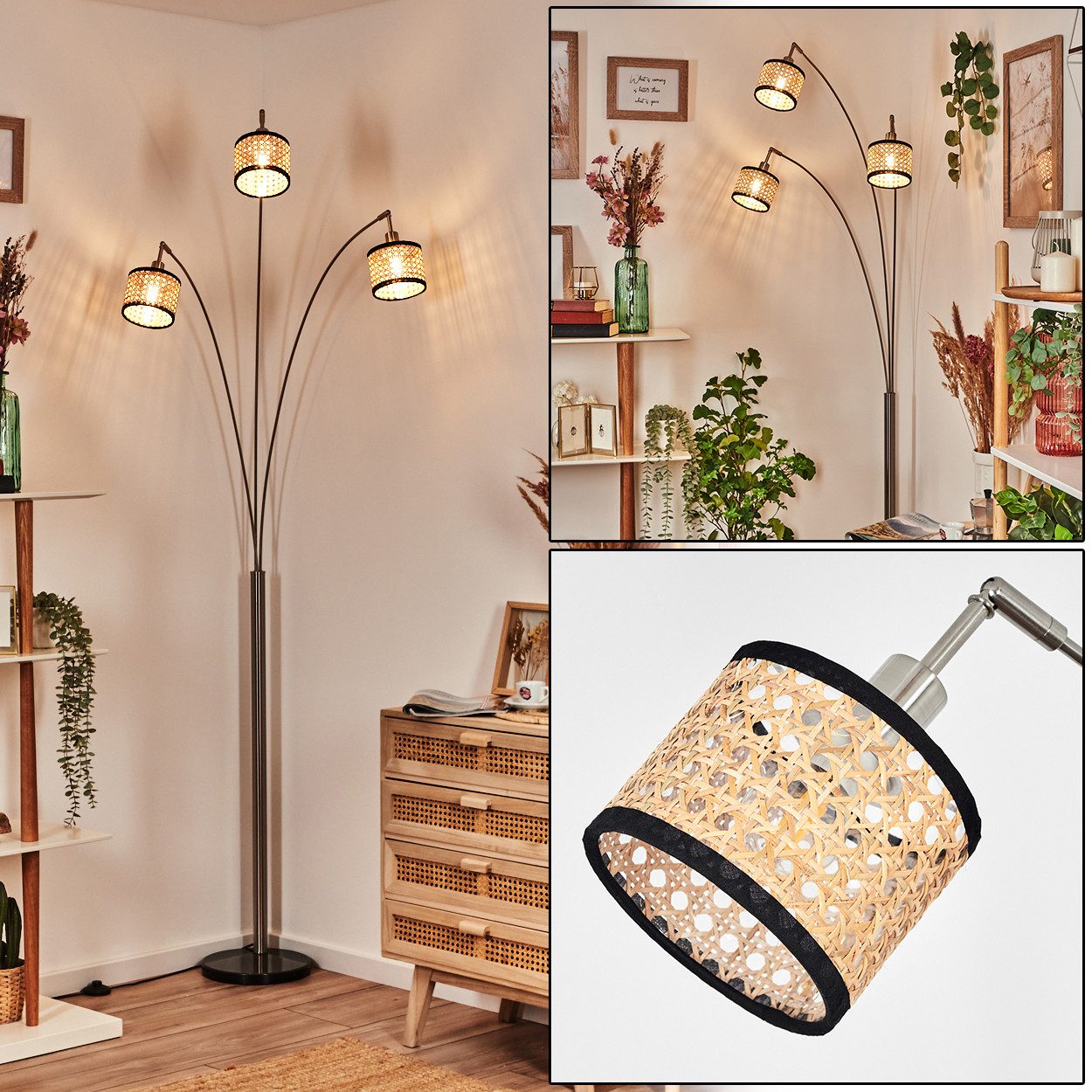 hofstein Stehlampe Stehlampe aus Metall/Rattan/Stoff in Schwarz/Nickel-matt/Naturfarben, ohne Leuchtmittel, moderne Stehleuchte verstellbar mit Marmorfuß und Fußschalter, E14