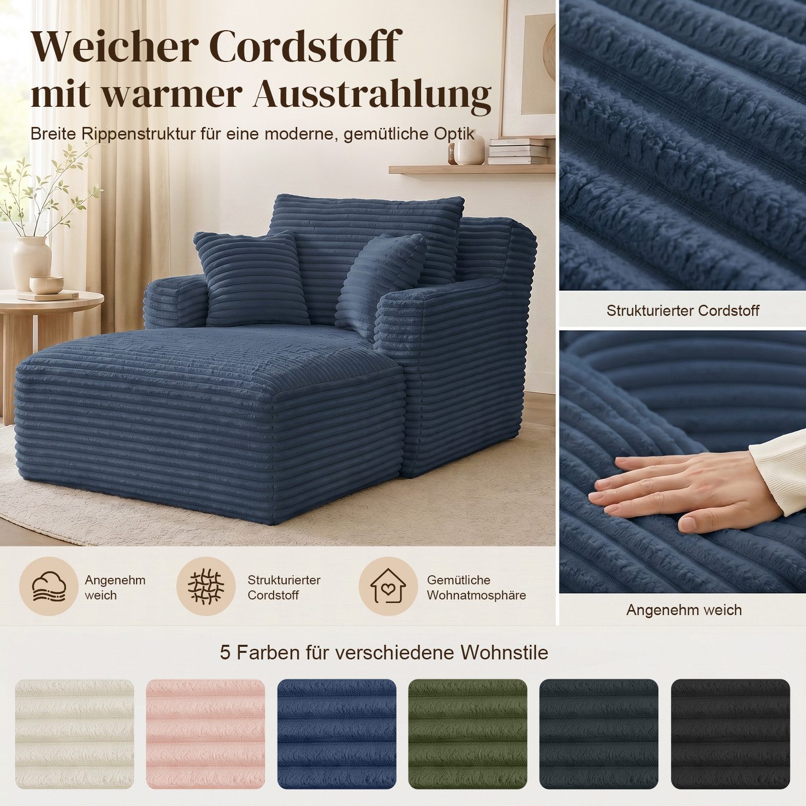 ANYSUN Loungesofa Modernes Chaiselongue-Sofa,Cord-Schlafsofa, 2 Kissen,Relaxsessel Cord, ohne Montage mit Taschenfederkern & Schaumstoffpolsterung,Loungesofa, L – Bild 3 von 5