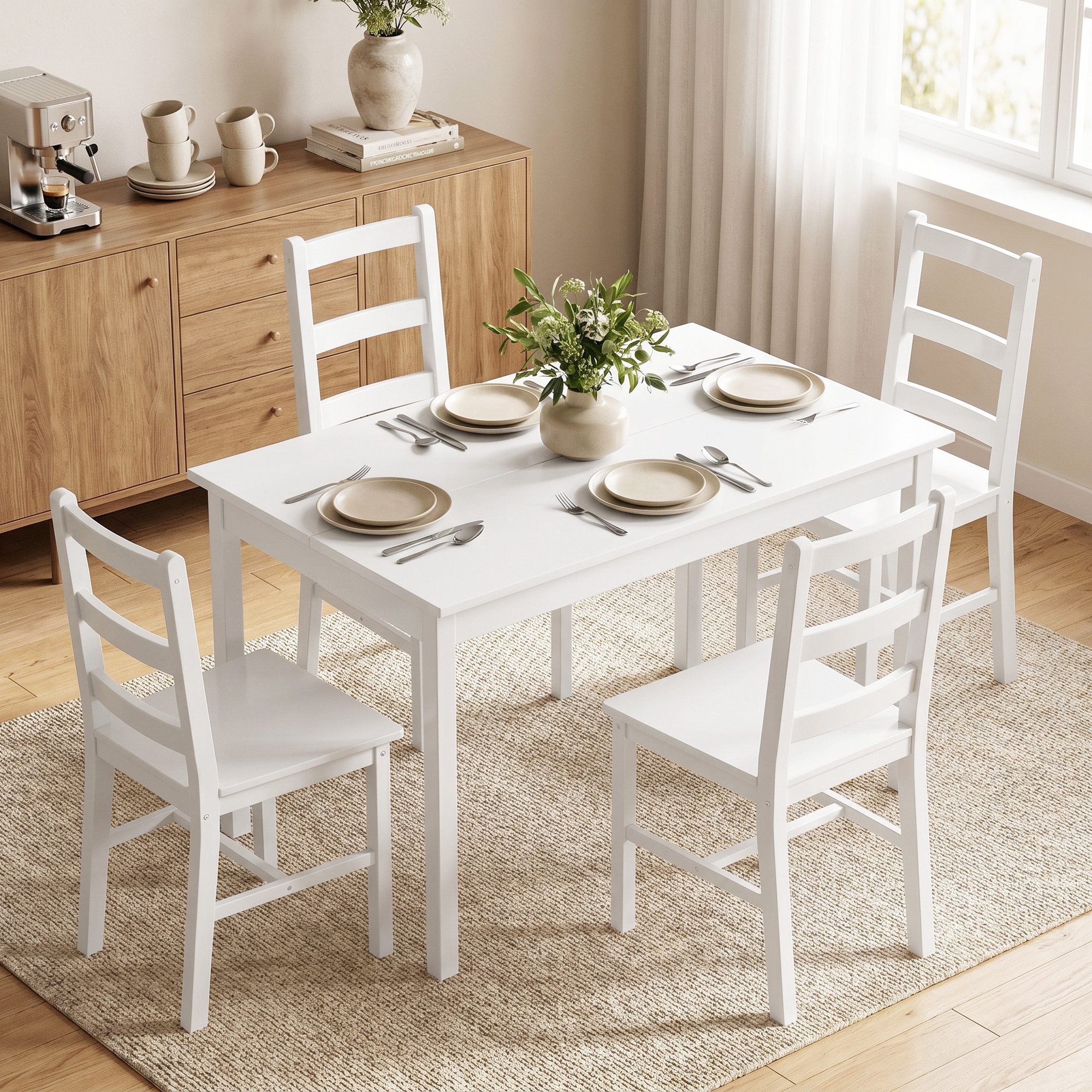 HOMCOM Essgruppe Esszimmergruppe aus Kiefernholz, (Holztisch, 5-tlg., 1 Tisch, 4 Stühle), für Kleine Räume, Esszimmer, Küche, Wohnzimmer, Weiß
