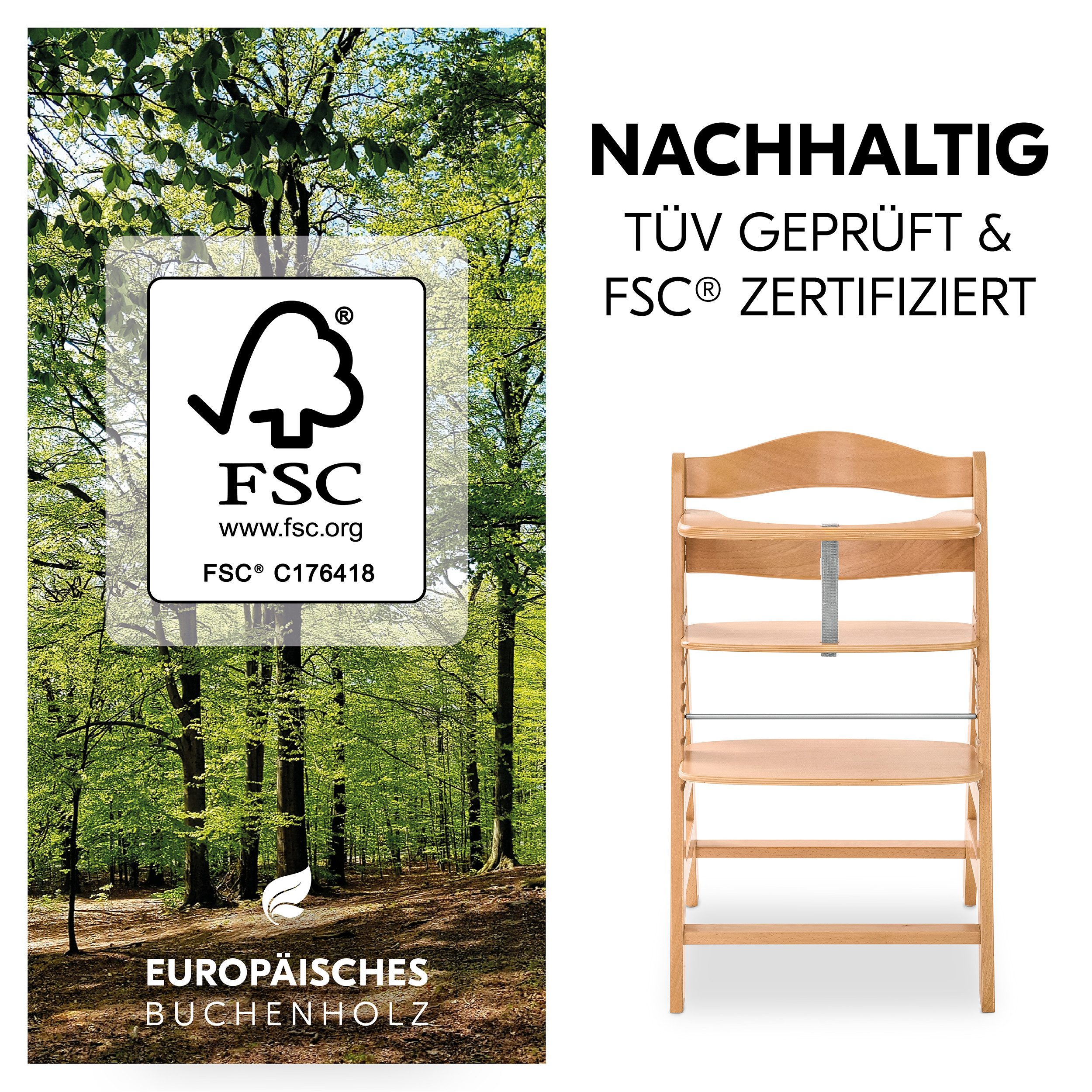 Hauck Hochstuhl Alpha Plus Natur, Mitwachsender Holz Kinderhochstuhl ab 6 Monaten mit Sitzauflage & Gurt