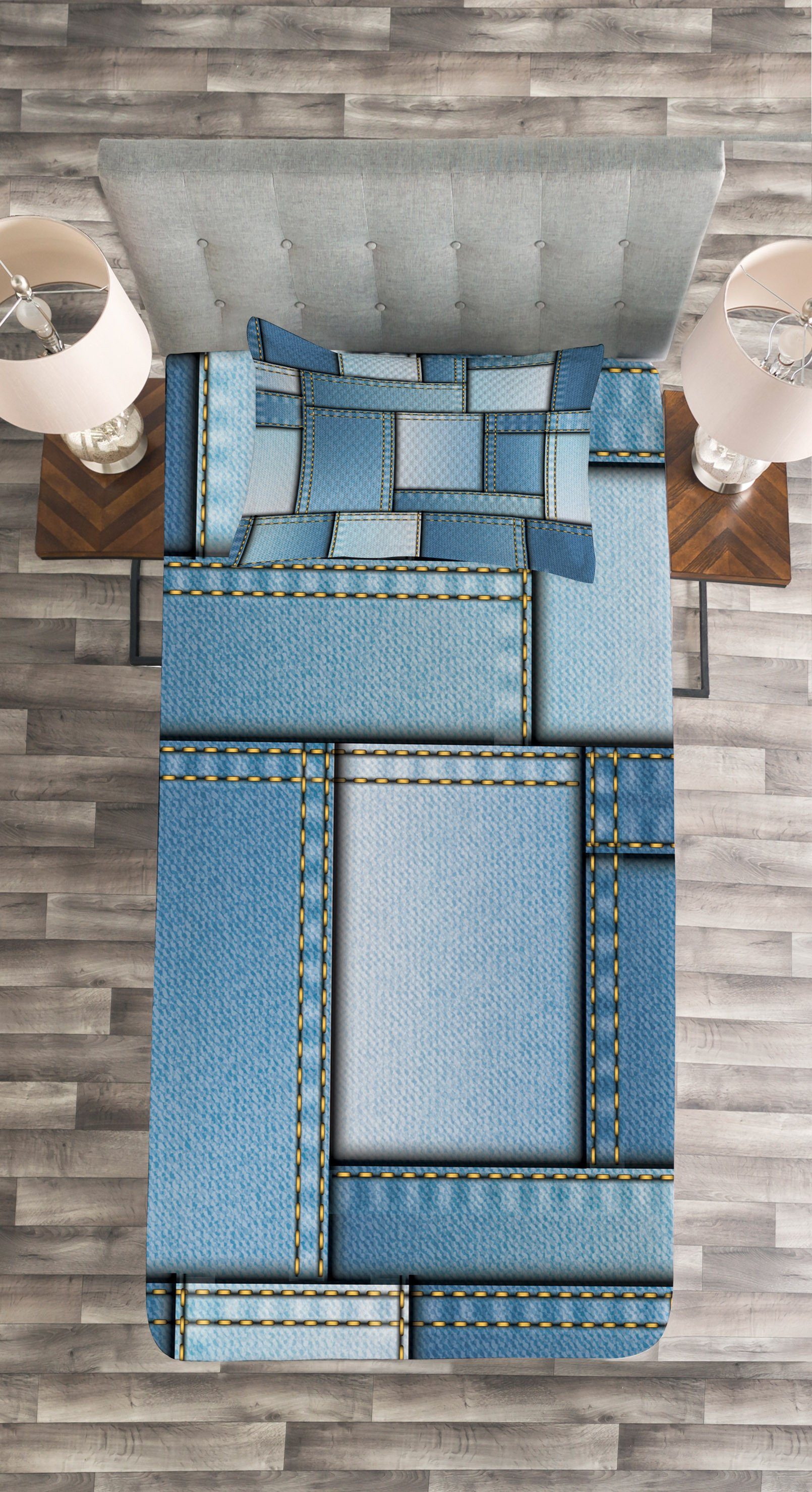 Patchwork-Muster mit Tagesdecke Waschbar, Blau Denim Set Abakuhaus, Kissenbezügen