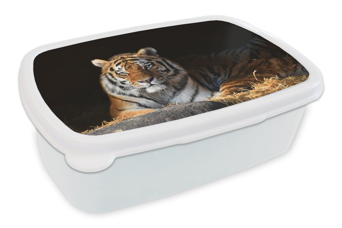 MuchoWow Lunchbox Tiger - Mädchen (2-tlg), Brotbox Erwachsene, für Kinder Stroh für und Schatten, Brotdose, - und weiß Kunststoff, Jungs