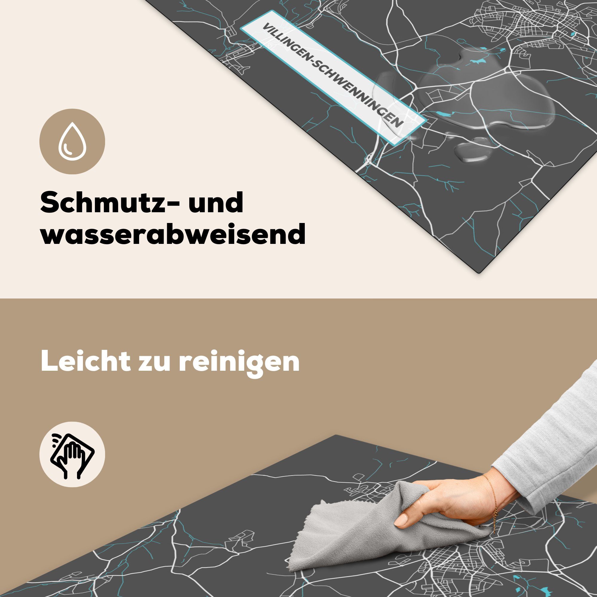küche Stadtplan - Schwenningen (1 78x78 -, Vinyl, - für Deutschland Blau - cm, MuchoWow Herdblende-/Abdeckplatte Arbeitsplatte - Villingen Karte Ceranfeldabdeckung, tlg),
