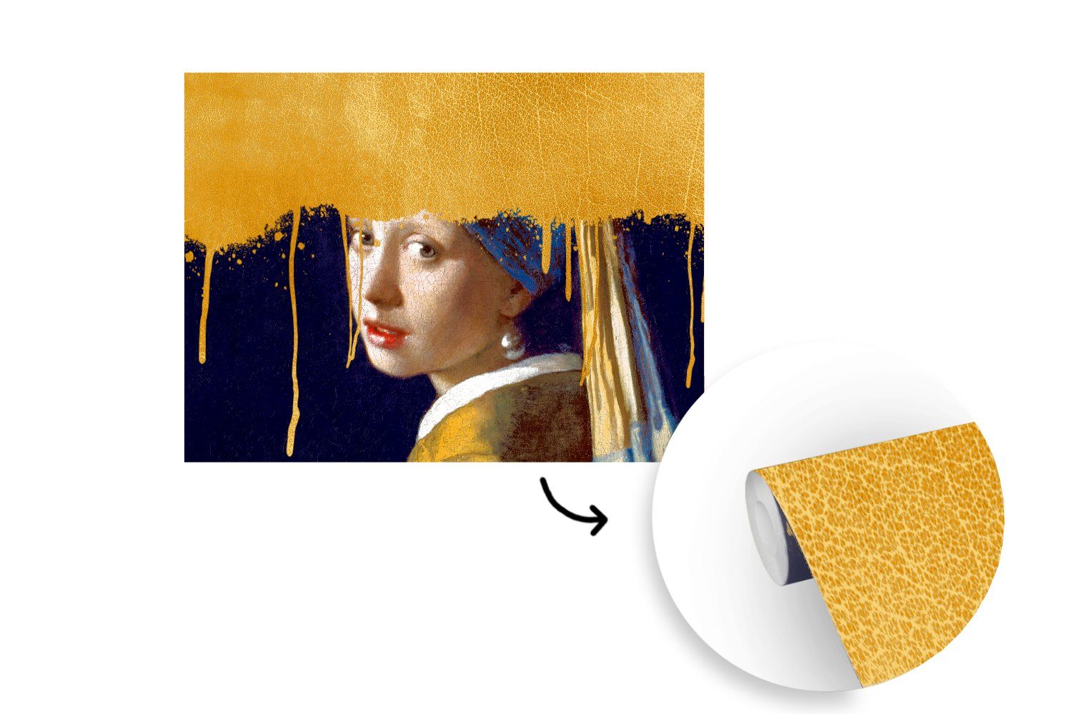 Tapete mit Perlenohrring Gold, Matt, Fototapete Mädchen bedruckt, Vermeer Kinderzimmer, (6 für - Schlafzimmer, - Wallpaper Vinyl MuchoWow St), Wohnzimmer,