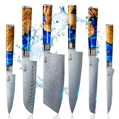 Calisso Messer-Set Aquamarine Line Küchenmesser Damastmesser Messerset (Advanced Set, 6-tlg., Inklusive Klingenschutz und hochwertiger Holzbox), Damastmesser