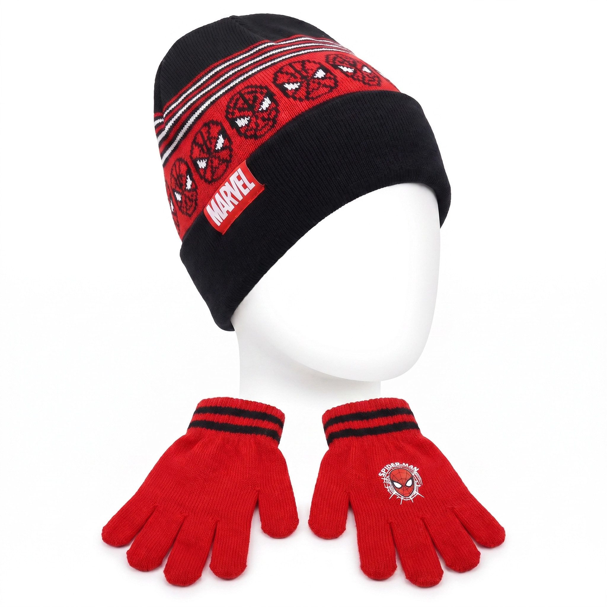 MARVEL Schlupfmütze Marvel Spiderman Jungen Wintermütze plus Handschuhe Gr. 52 bis 54
