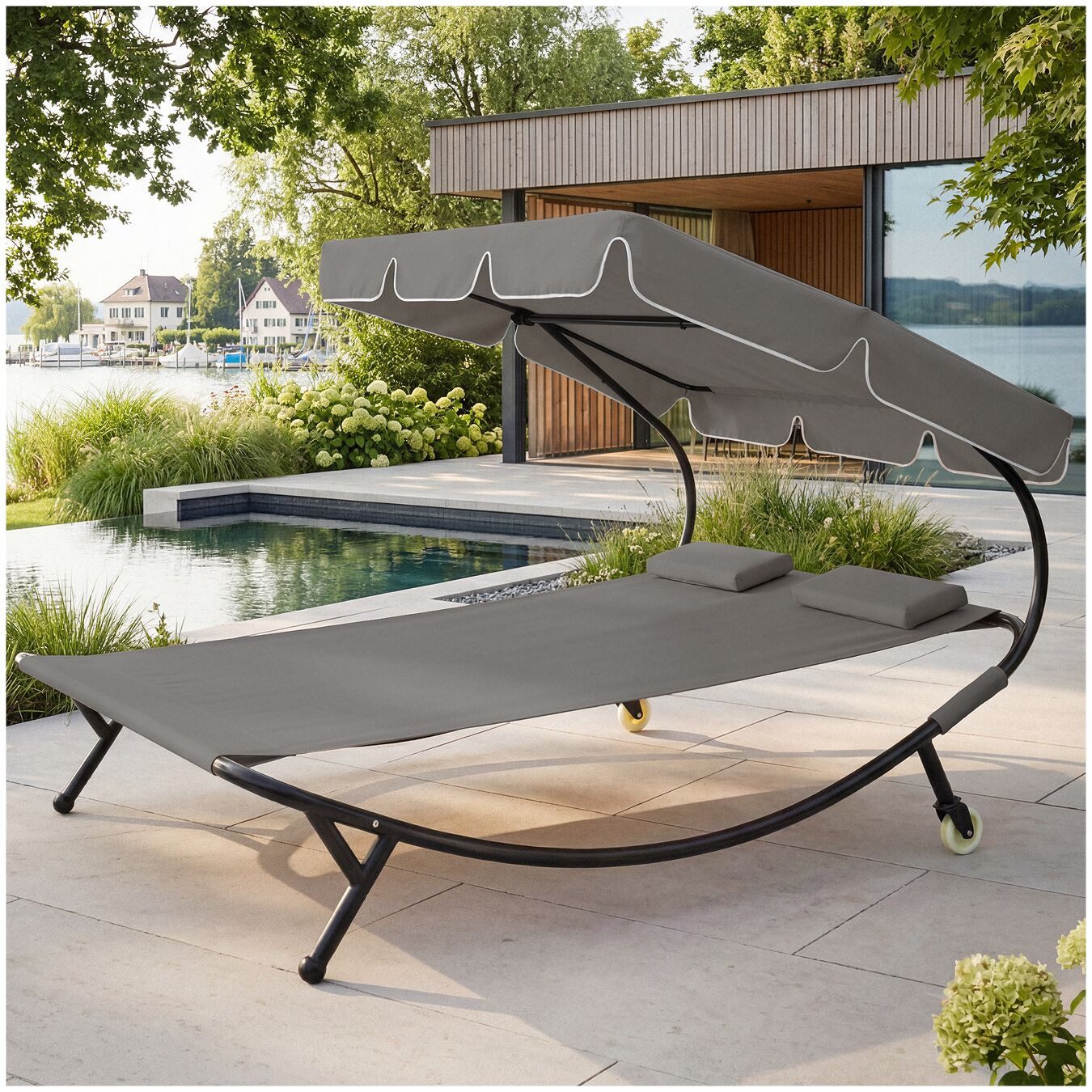 tectake Gartenliege Doppelliege für 2 Personen mit verstellbarem Sonnendach und Rollen, Outdoorliege Livorno, 1 St., in Schwarz/grau, widerstandsfähig, UV-beständig, Inkl. Kopfpolster