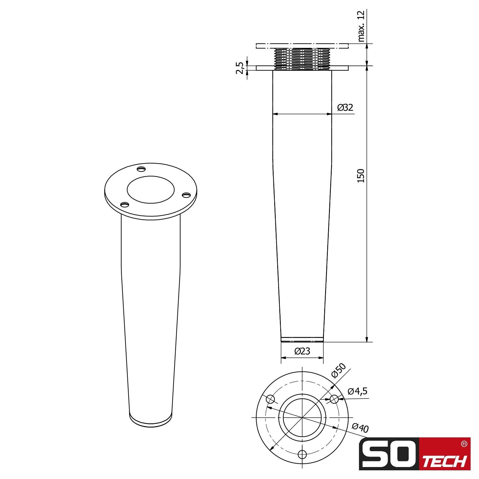 SO-TECH® Möbelfuß FOX-TROT höhenverstellbar um max. 12 mm, (4-St), Höhe 150 mm Chrom poliert – Bild 5 von 5