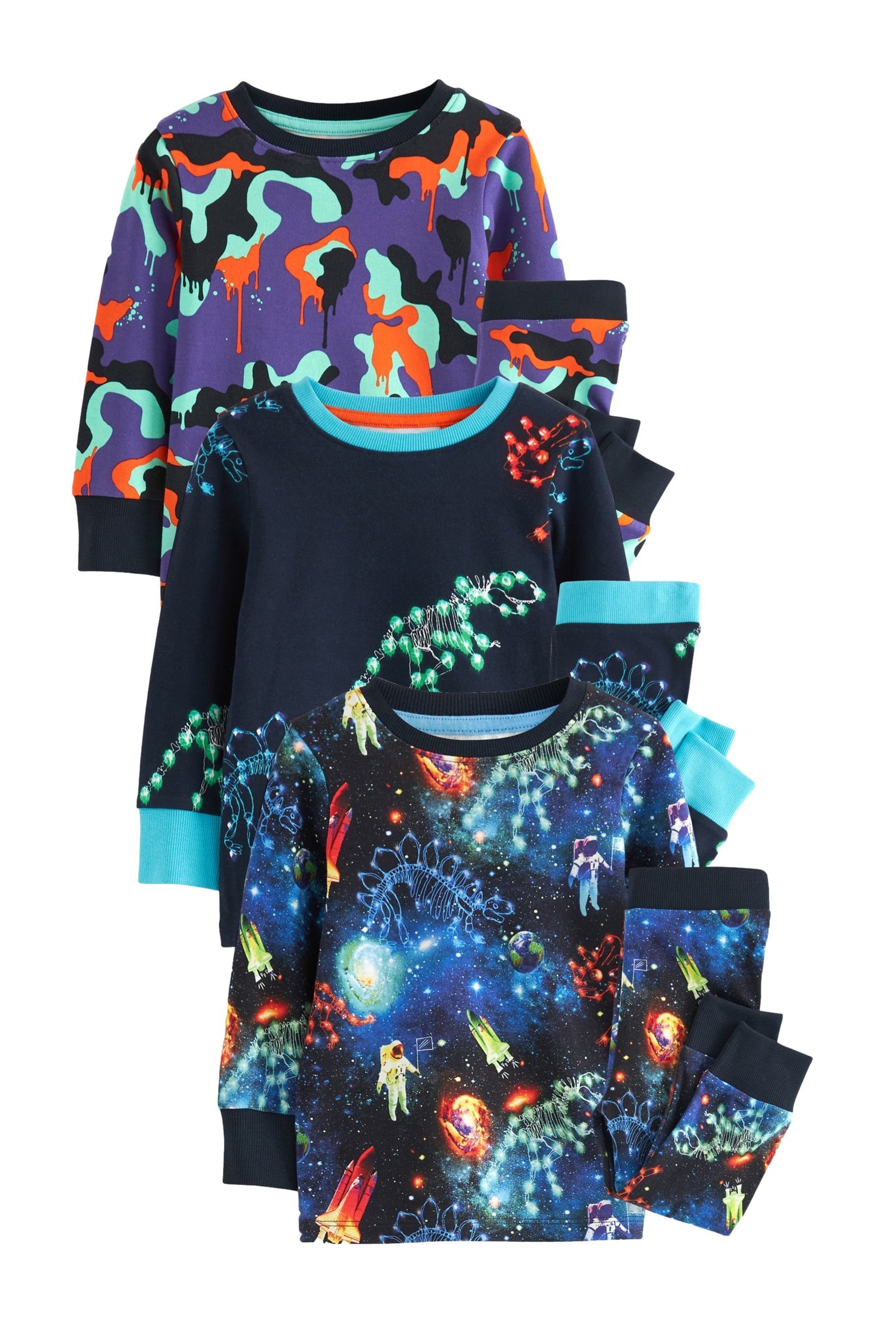 (6 Pyjama Dinosaur tlg) Space Navy 3er-Pack Snuggle Schlafanzüge Blue/Purple Next