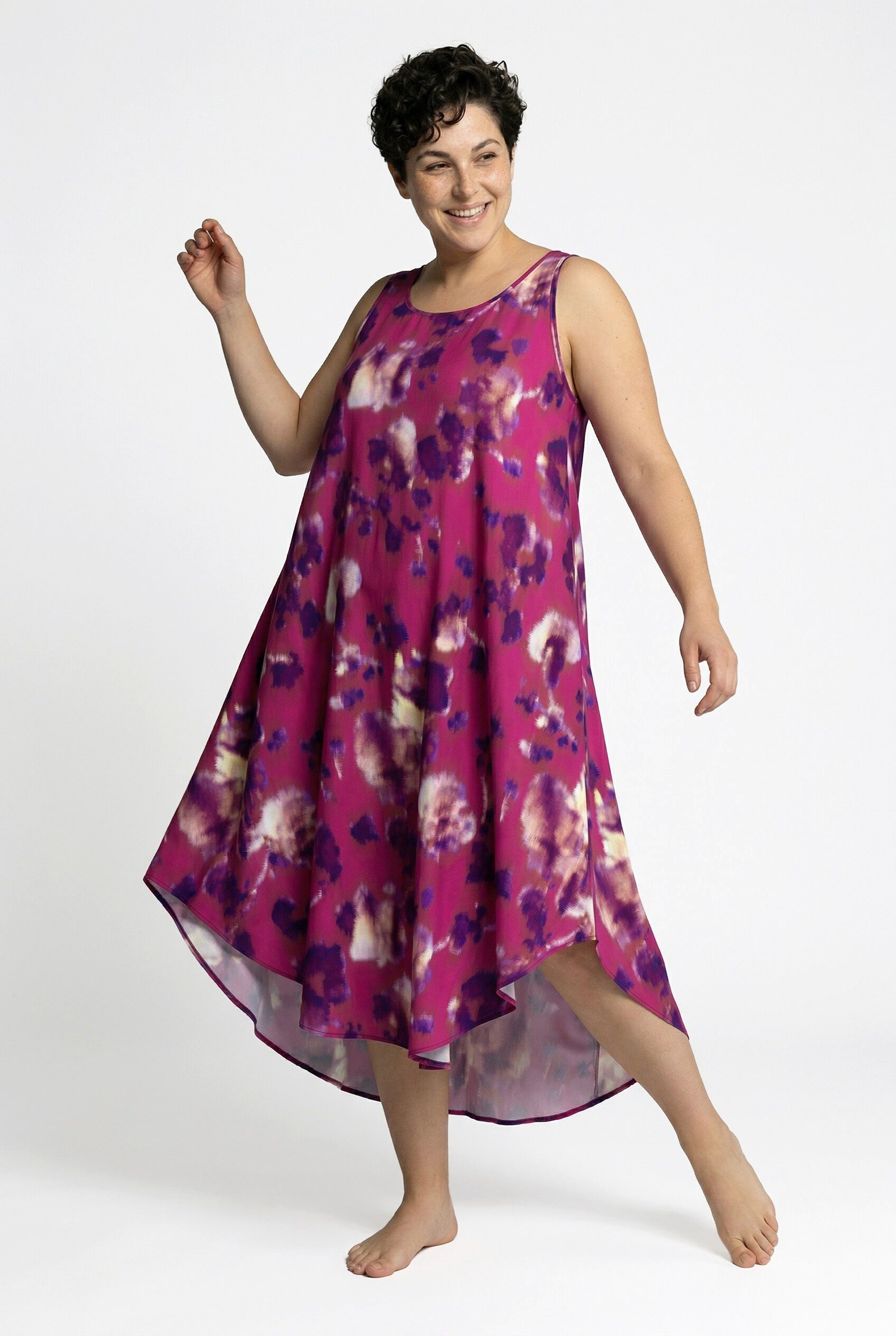 Maxikleid Midikleid Blüten A-Linie Rundhals ärmellos