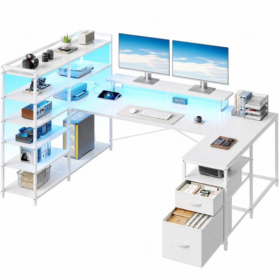 Klyvvo Eckschreibtisch 160 × 100 cm U Form Gaming Tisch mit LED für Gaming, Homeoffice (1-St., Umkehrbar Eckschreibtisch mit 2 Schubladen, 6 Bücherrega), Monitorhalterung, USB-Ladeanschluss und Steckdose, Weiß