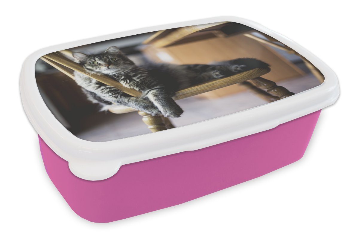 MuchoWow Lunchbox Katze - Stuhl - Haustier, Kunststoff, (2-tlg), Brotbox für Erwachsene, Brotdose Kinder, Snackbox, Mädchen, Kunststoff rosa