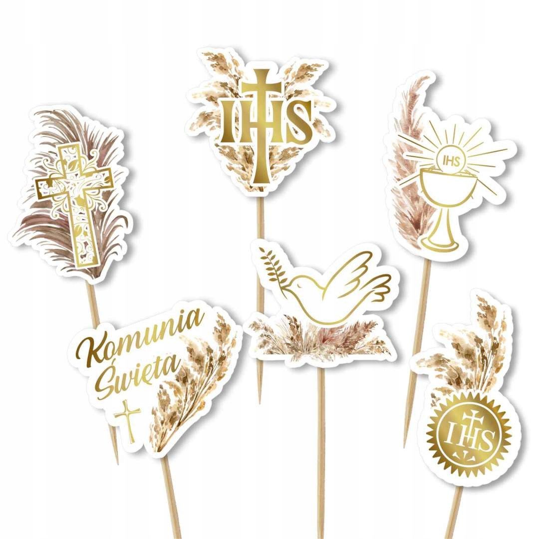 Festivalartikel Tortenstecker Topper Kommunion IHS Boho, 6 Stück. Gold-Bronze