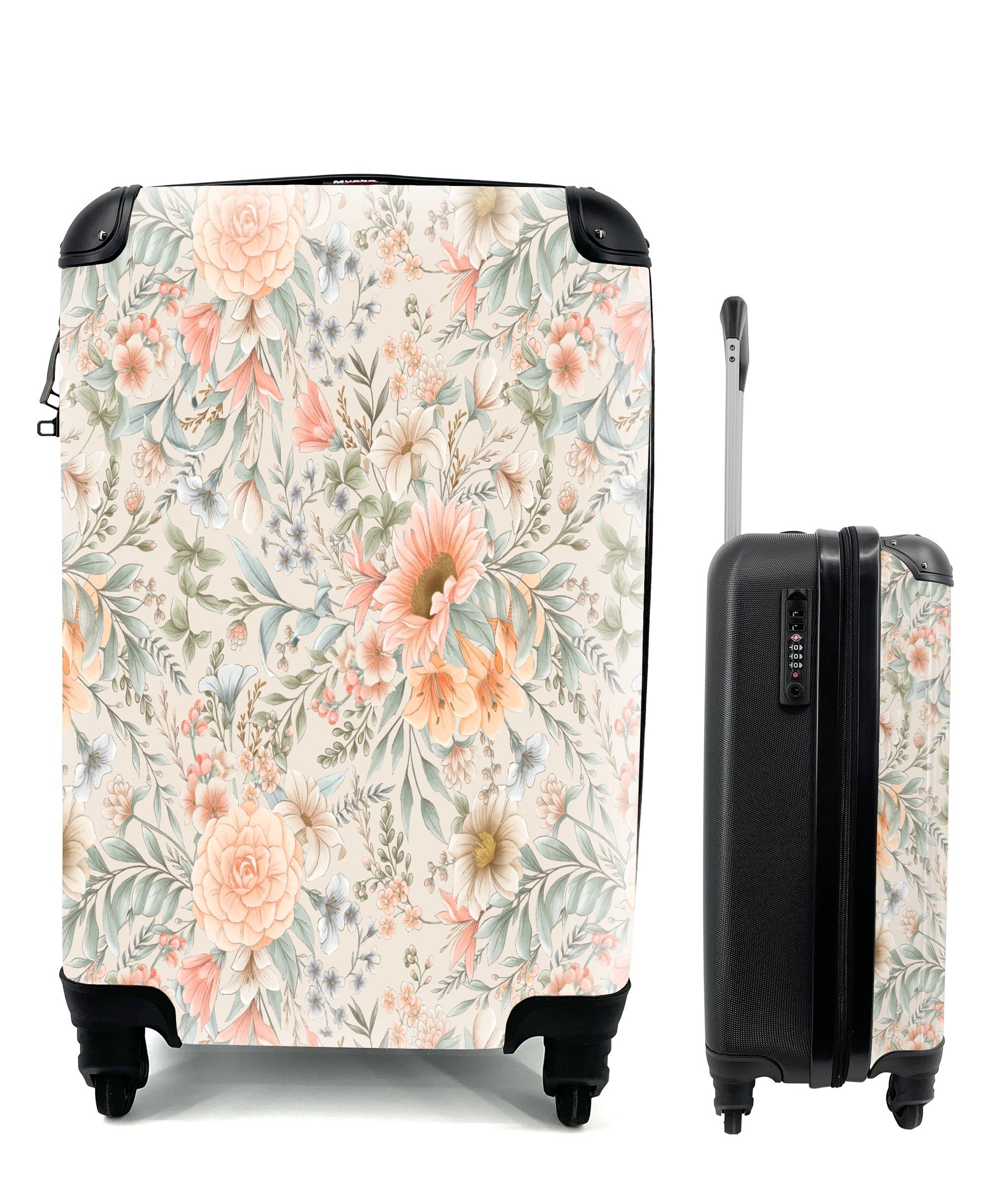 MuchoWow Handgepäckkoffer rollen, - Reisetasche 4 Handgepäck mit Blumen Ferien, Pastell, Blätter Reisekoffer Rollen, Trolley, für 