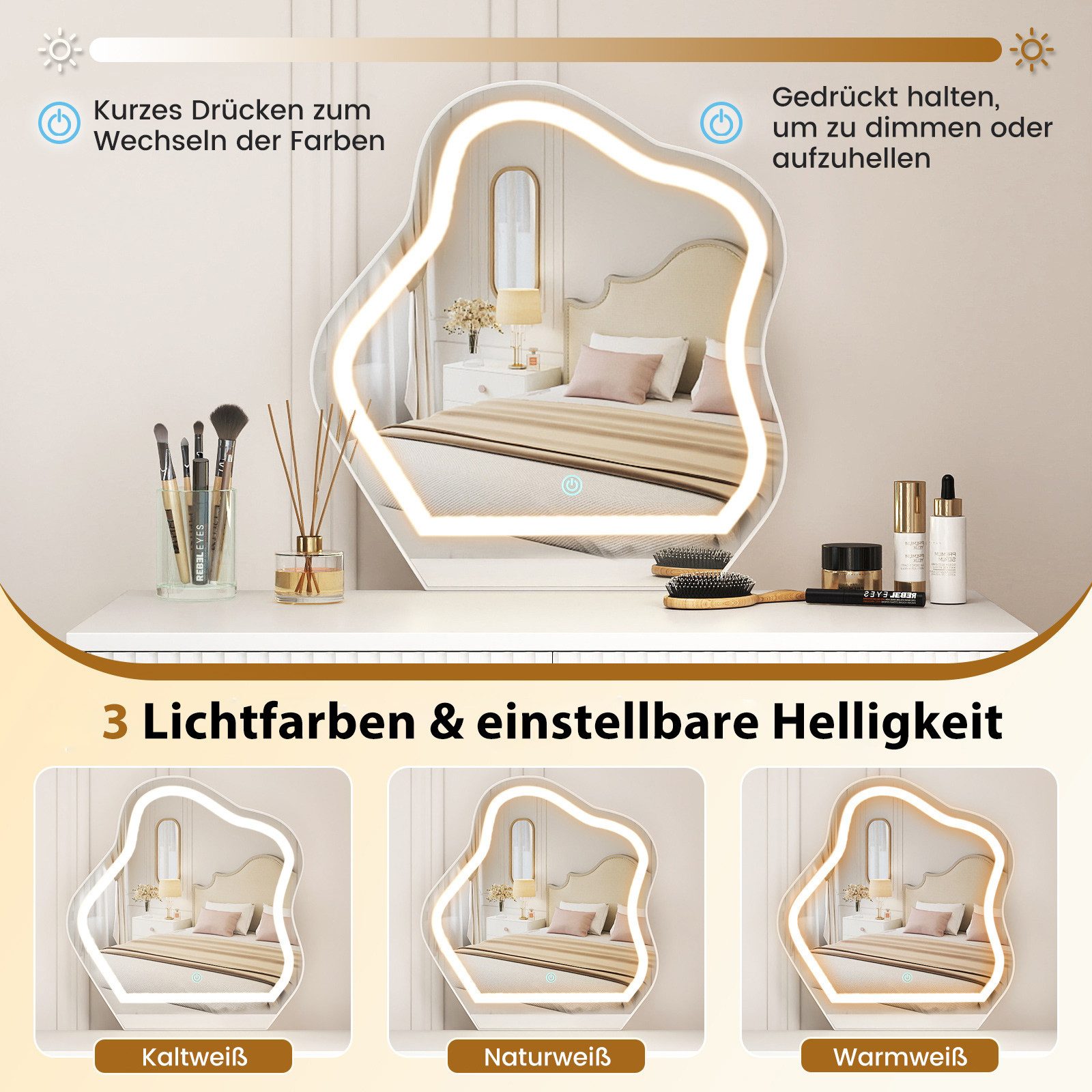COSTWAY Schminktisch (1-St), mit LED Spiegel & Beistellschrank, Kosmetiktisch
