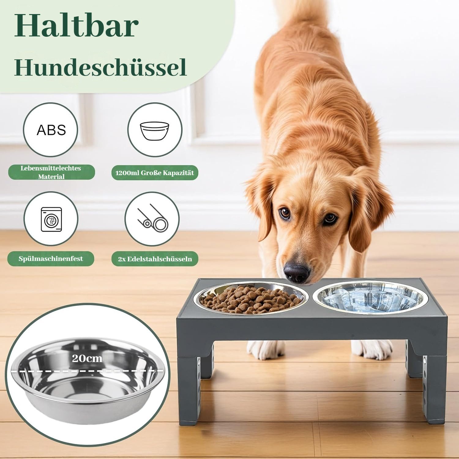 BlingBin Futternapf Erhöhter Hundenapf mit 2 Edelstahlnäpfen und 1 Anti-Schlingnapf, Edelstahl, Silikon, 5 Höhenverstellbar Futterstation für Kleine Mittlere Große Hunde