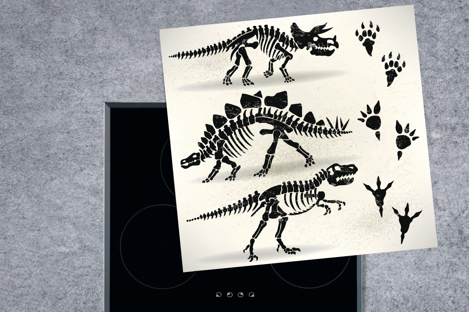 Arbeitsplatte Vinyl, - Pfotenabdruck Dinosaurier MuchoWow Skelett Zeichnung küche Herdblende-/Abdeckplatte Ceranfeldabdeckung, -, - - tlg), 78x78 Kids - (1 für cm, - Kinder