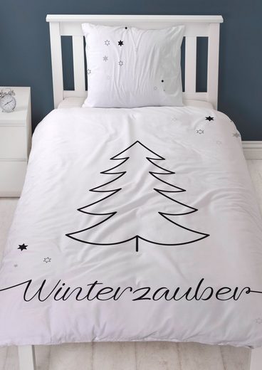 Bettwäsche »Weihnachten "Winterzauber" Bettwäsche 135x200 + 80x80 cm 2 tlg., 100 % Baumwolle in Biber, Winter Bettwäsche mit Tannenbaum und Sternen«, MTOnlinehandel