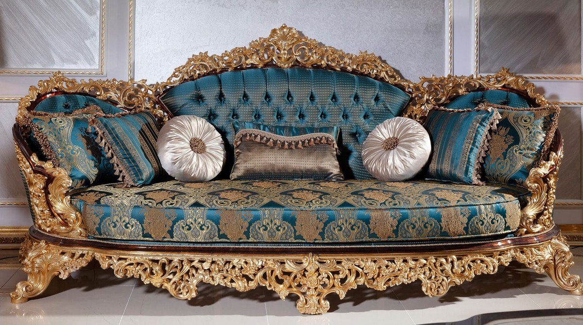 Casa Padrino Sofa Luxus Barock Sofa Blau / Beige / Braun / Gold - Prunkvolles Wohnzimmer Sofa mit elegantem Muster - Barock Wohnzimmer Möbel - Edel & Prunkvoll