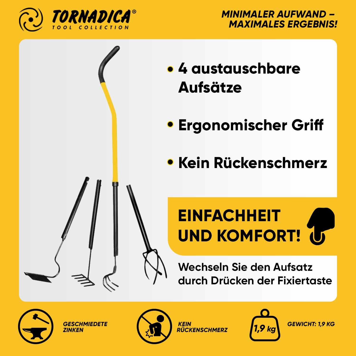 Tornadica Gartenpflege-Set MINI-4 Gartenwerkzeug für Gemüsegarten Gewächshaus, Kultivator Vertikutierer Gartenkralle Blumenrechen Gartenhacke